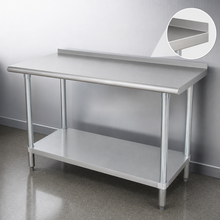 Product image #4 for Advance Tabco 84-Inch x 30-Inch 14-Gauge 304 Stainless Steel Work Table with Rear Up-Turn and Adjustable Undershelf
