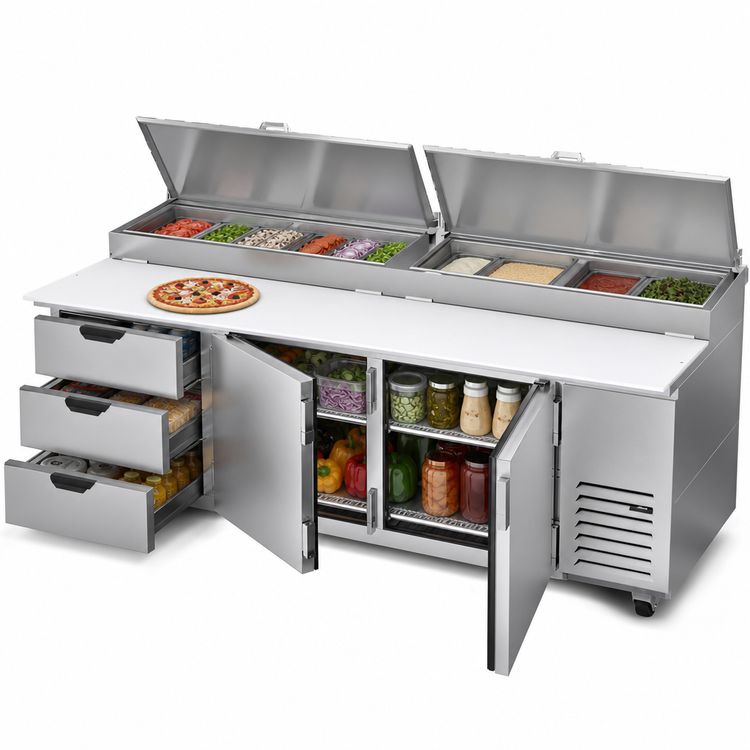 Product image #4 for Beverage-Air 93-Inch Three-Section Pizza Prep Table with 2 Doors, 3 Drawers, and 19-Inch Cutting Board