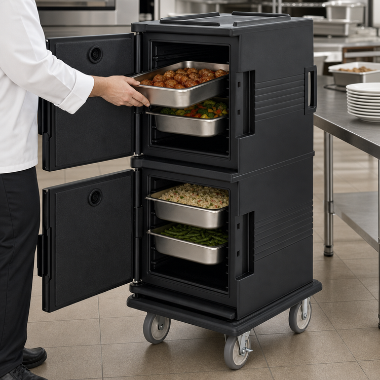 Product image #5 for Cambro Ultra Camcart 2-Compartment Front-Loading Heated Food Pan Carrier, Heated Top Door Only, 110V