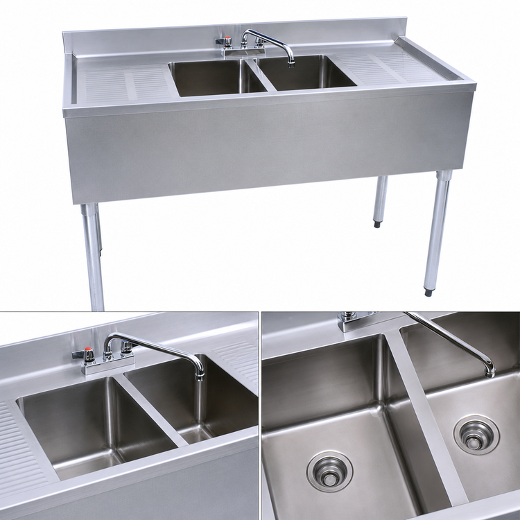 Product image #4 for BK Resources 48-Inch Slim-Line Two-Compartment Underbar Sink with Dual Drainboards and Faucet