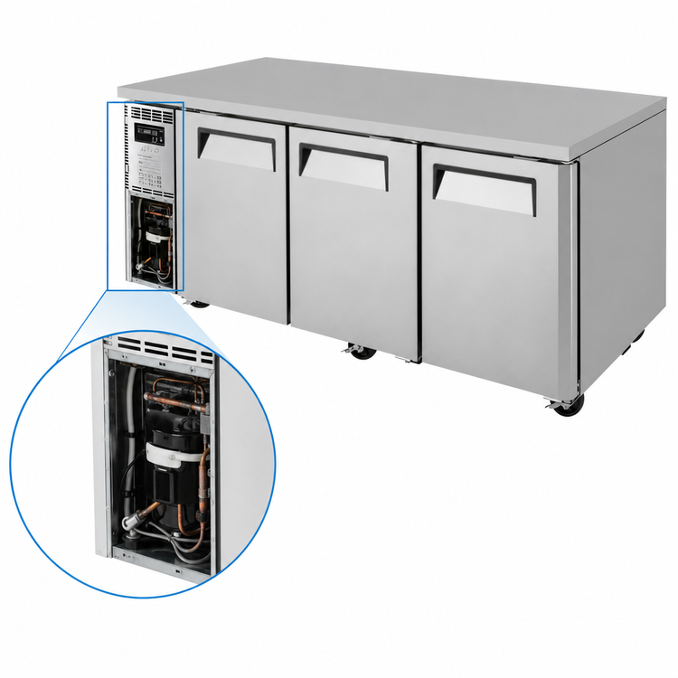 Product image #4 for Turbo Air J Series 3-Section Side-Mount Self-Contained Undercounter Refrigerator, 17.2 Cu. Ft., Solid Doors, Stainless Steel