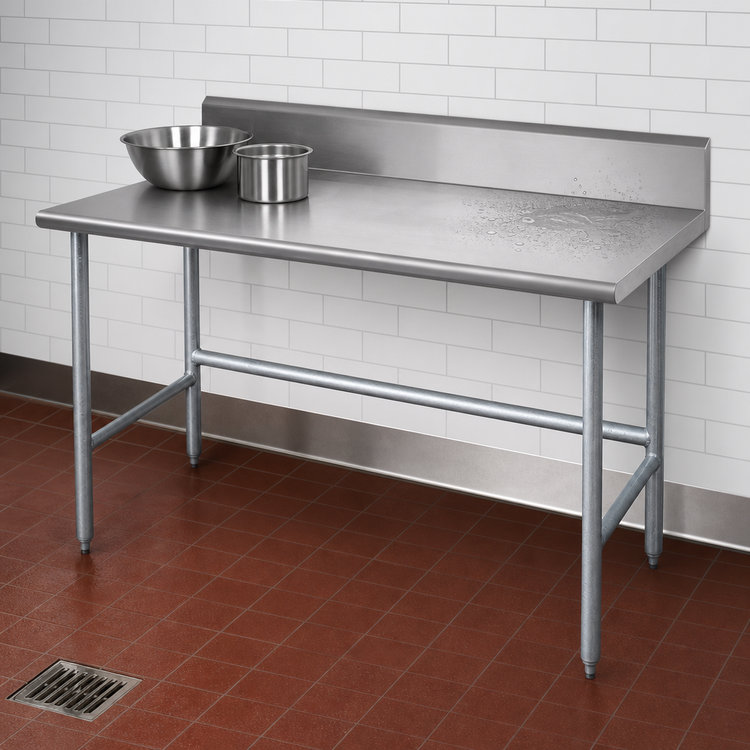 Product image #4 for Advance Tabco 84" x 36" 16-Gauge 430 Stainless Steel Work Table with 5" Backsplash and Galvanized Open Base