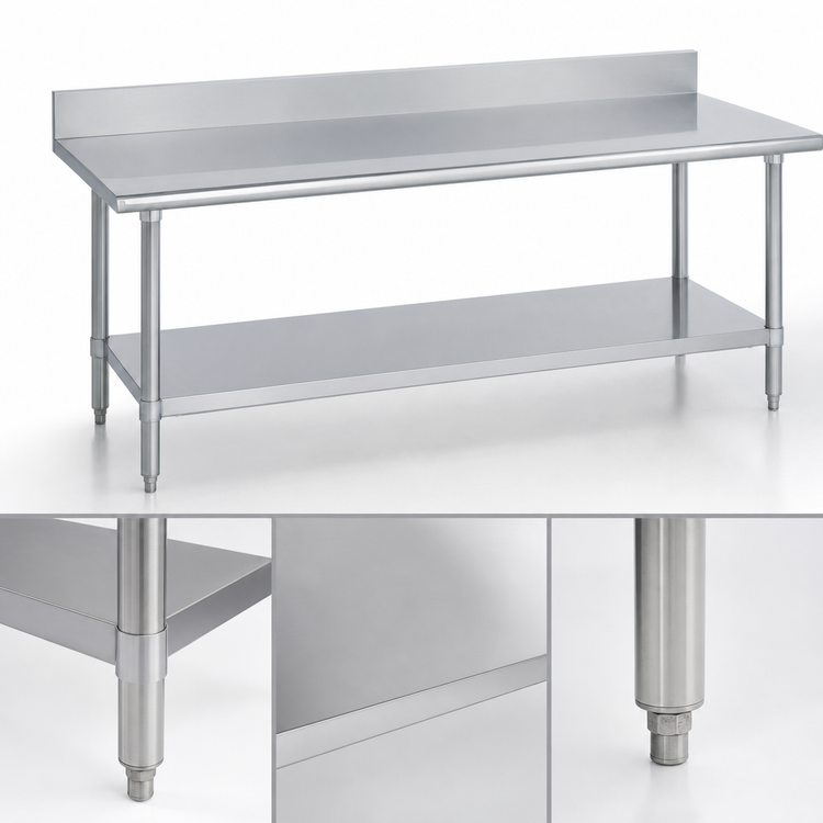 Product image #4 for Duke 30 x 144 Inch 14-Gauge 300 Series Stainless Steel Work Table with 5-Inch Riser and Undershelf