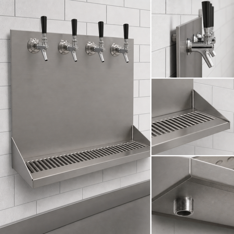 Product image #4 for Micro Matic Wall-Mount 16-Inch Stainless Steel Drip Tray Trough with 4 Faucet Holes and 1/2-Inch NPT Drain
