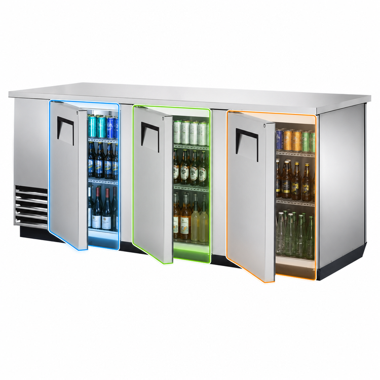 Product image #4 for True Three-Section Pass-Thru Back Bar Cooler, 90-3/8 Inch Wide, 6 Solid Locking Doors