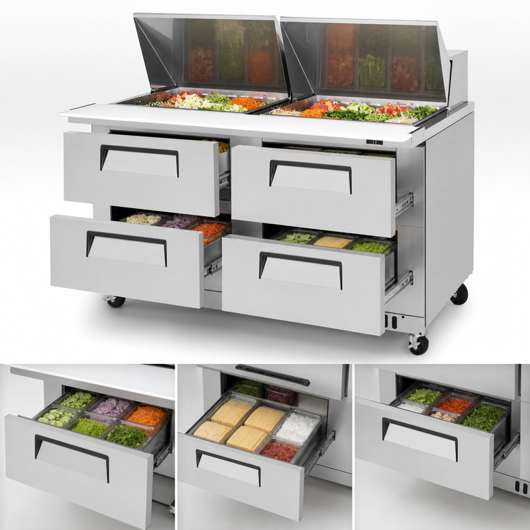 Product image #4 for Turbo Air Super Deluxe 60-Inch Front Breathing Two-Section Sandwich/Salad Mega Top Refrigerated Prep Table with 4 Drawers