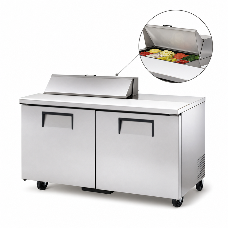 Product image #4 for True 60-Inch 2-Section Sandwich/Salad Refrigerated Prep Table with 8-Pan Top and Double-Door Base