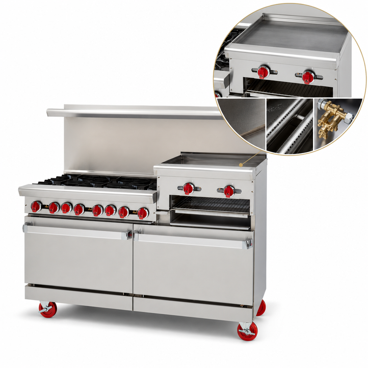 Product image #4 for American Range 48-Inch Commercial Gas Range with 4 Open Burners, 24-Inch Raised Griddle/Broiler, and 2 Space-Saver Ovens