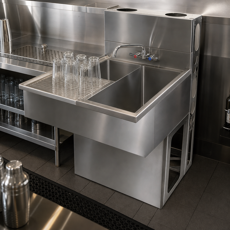 Product image #5 for BK Resources Slim-Line Two-Compartment Underbar Sink with Left Drainboard, 36 Inch Wide