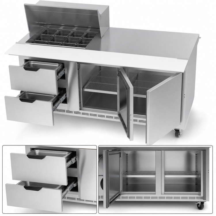Product image #5 for Beverage-Air SPED72HC-12M-2 72-Inch Three-Section Mega Top Sandwich Prep Table with 2 Drawers, 2 Doors and 12 Pan Openings