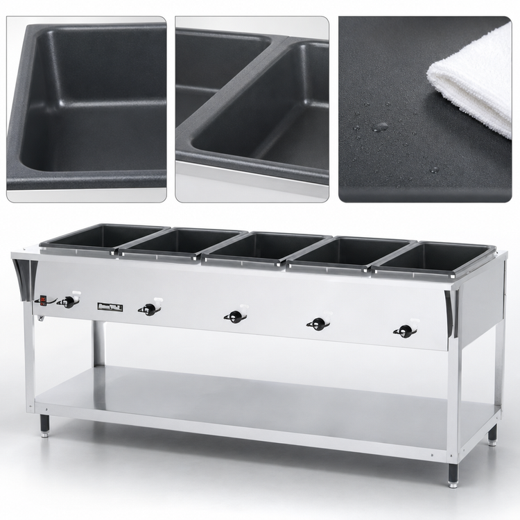 Product image #4 for Vollrath ServeWell SL 5-Well Electric Hot Food Table with Undershelf, Drains, and Adjustable Legs, 76-Inch