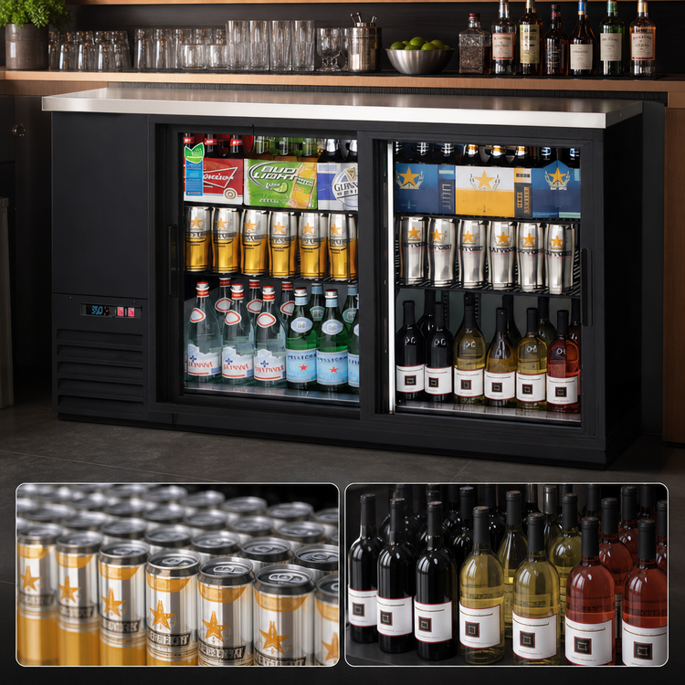 Product image #4 for Everest Refrigeration 68-Inch Two-Section Back Bar Refrigerator with Glass Sliding Doors, Stainless Steel Countertop, and Side-Mounted Self-Contained R290 Refrigeration