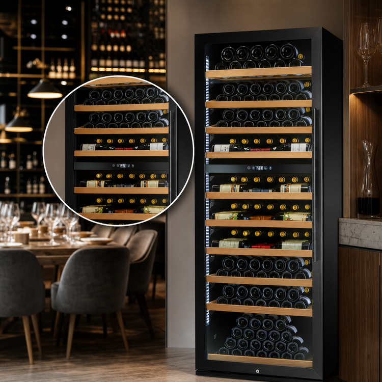 Product image #4 for Omcan Vinovero 290-Bottle Commercial Dual Zone Wine Cooler with Locking Black Framed Glass Door