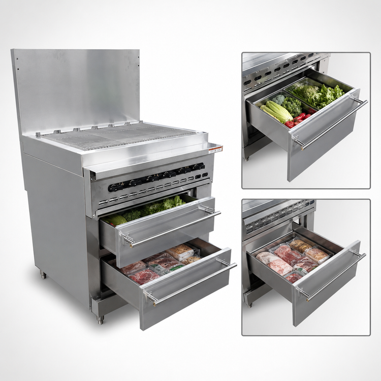 Product image #4 for Vulcan Endurance 36-Inch LP Gas Restaurant Range with 36-Inch Charbroiler and Refrigerated/Freezer Drawer Base