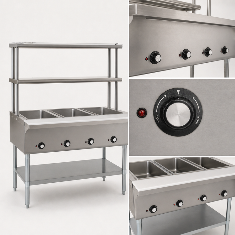 Product image #4 for Eagle Group Electric 4-Well Open Base Hot Food Table with 10-Inch Double-Tier Flex-Master Overshelves, 63-1/2 Inch Wide, 120V