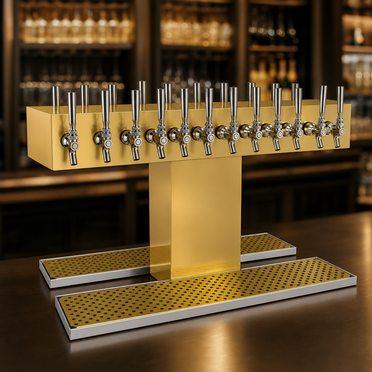 Product image #4 for Glastender Double-Sided 16-Faucet Countertop Glycol-Cooled Draft Dispensing Tower, Polished Brass Finish