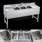 Thumbnail image #4 for Steel Works Stainless SWBAR3B60-LR Stainless Steel Three-Compartment Underbar Sink with Dual Drainboards and Faucet, 60 x 18-3/4 x 33 Inches