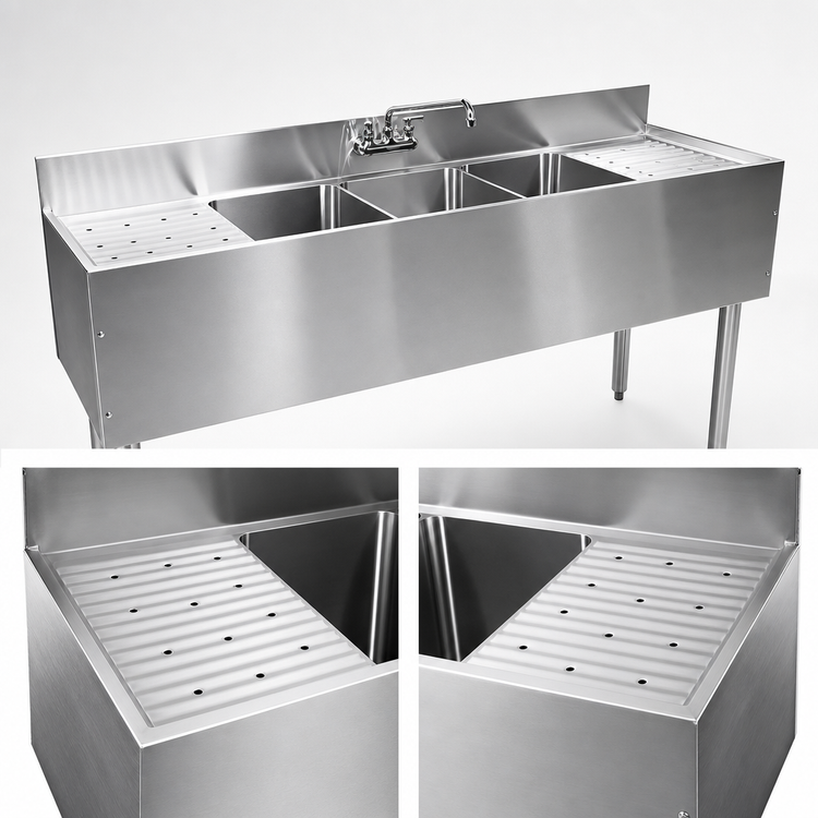 Product image #4 for CHOICE by Glastender C-TSB-96 Three-Compartment Underbar Sink Unit with Left and Right Drainboards, 96" W x 24" D