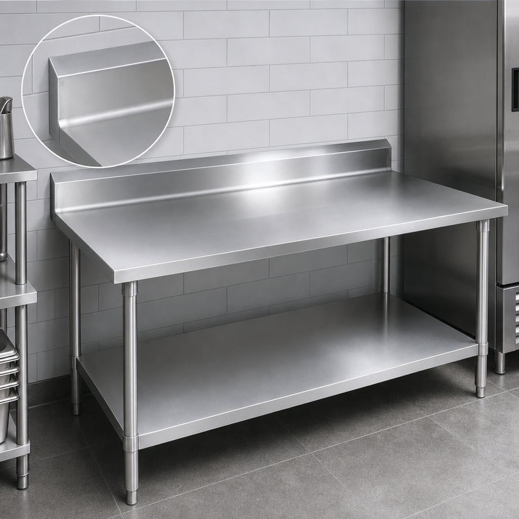 Product image #4 for John Boos Stallion 108" x 30" 14-Gauge 300 Series Stainless Steel Work Table with 5" Backsplash