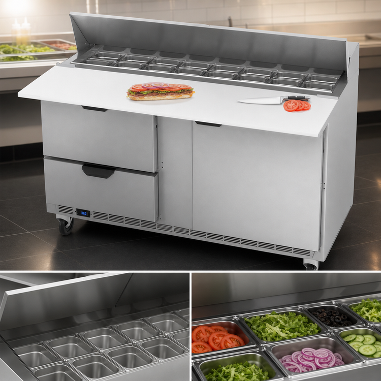 Product image #5 for Beverage-Air SPED60HC-16C-2 Two-Section Sandwich Prep Table with 17-Inch Cutting Board, 1 Door, 2 Drawers