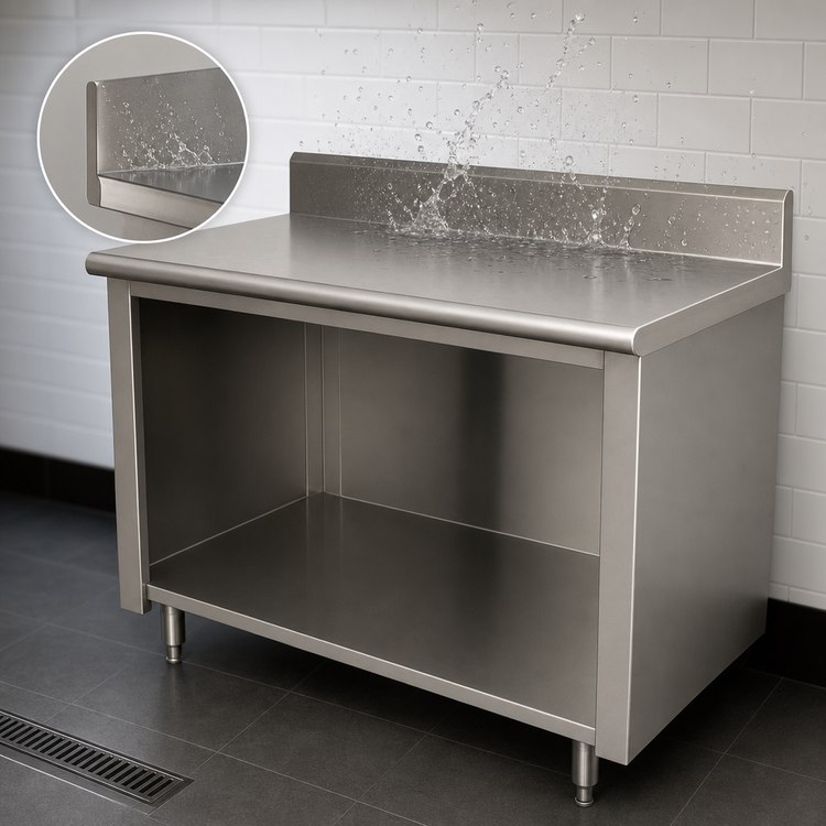 Product image #4 for Advance Tabco 144 Inch x 30 Inch 304 Stainless Steel Work Table with 5 Inch Backsplash and Open Front Cabinet Base