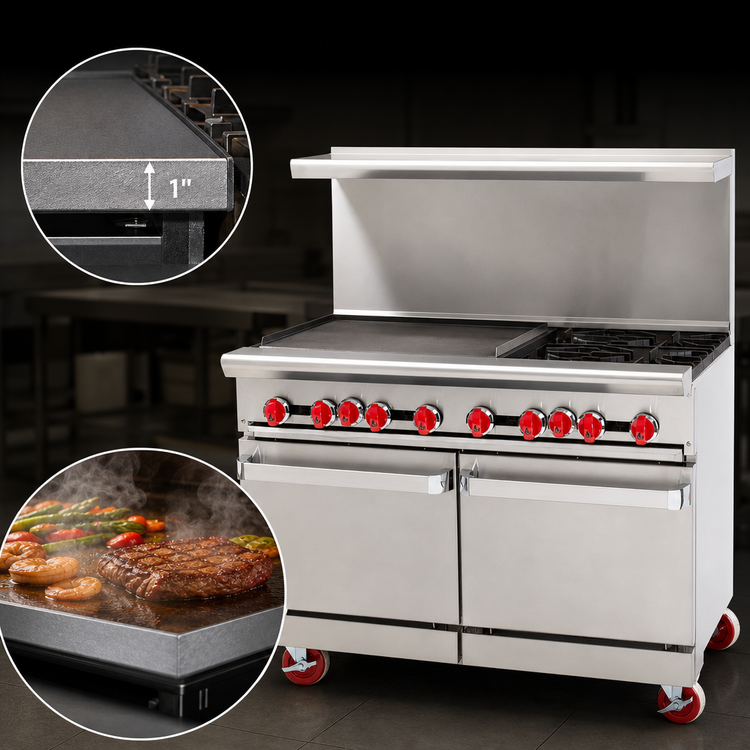 Product image #4 for American Range 48-Inch Commercial Gas Range with 48-Inch Griddle, 1-Inch Plate, 2 Storage Bases, and Back Riser Shelf