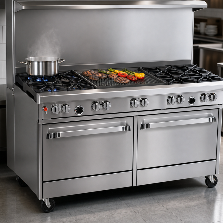 Product image #4 for Ultimate 60-Inch Commercial Gas Restaurant Range with 4 Open Burners, 36-Inch Charbroiler, and Double Convection Ovens