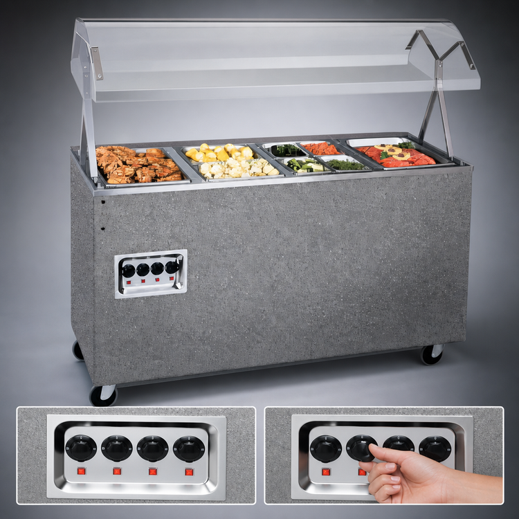 Product image #4 for Vollrath 2-Series Affordable Portable 4-Well Mobile Hot Food Station with Buffet Breath Guard, Enclosed Storage Base, Granite, 120V
