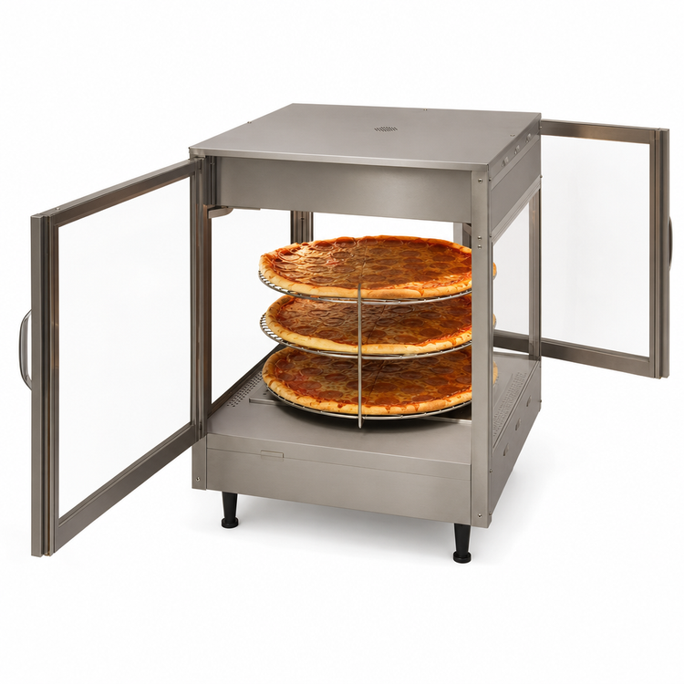 Product image #4 for Benchmark Countertop Pass-Thru Humidified Hot Food Display Case with Rotating Rack, 18-Inch Pizza Capacity