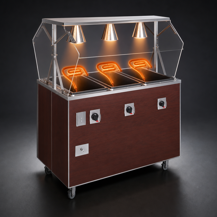 Product image #4 for Vollrath 2-Series Affordable Portable 3-Well Mobile Hot Food Station with Buffet Breath Guard and Lights, Open Storage Base, Cherry Woodgrain