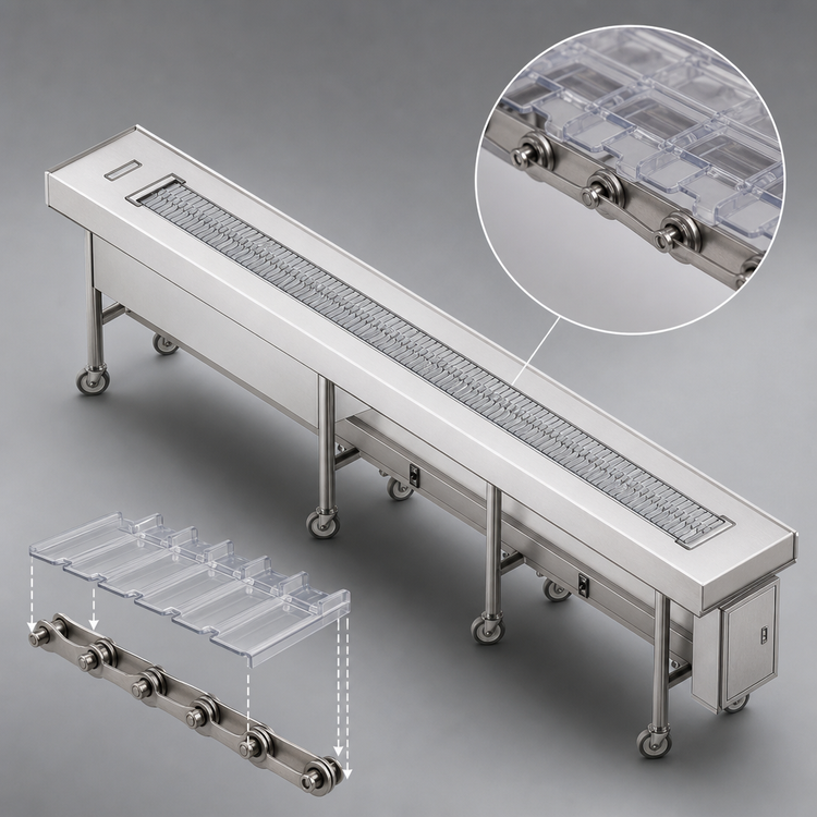 Product image #4 for Dinex DXIESSB20 20-Foot Lexan Slat Belt Motorized Tray Make-Up Conveyor