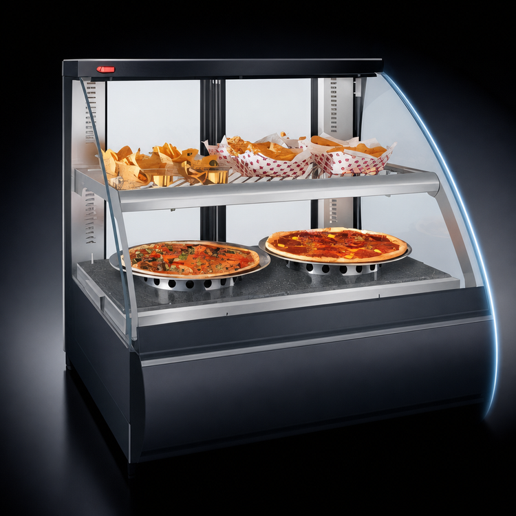 Product image #4 for Hatco Flav-R-Savor Heated Countertop Hot Food Display Case with Humidity, Curved Glass, and 2-Pan Double Shelf