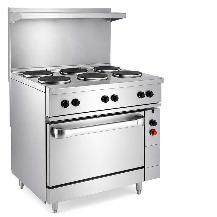 Product image #5 for Vulcan 36-Inch Electric Restaurant Range with 4 French Plates, 12-Inch Hot Top, Standard Oversized Oven, and High Shelf - 480V