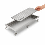 Thumbnail image #4 for John Boos UBDP-1248-X 48 x 12 Inch Drop-In Stainless Steel Drip Pan with Removable Perforated Insert and 1/4 MPT Drain