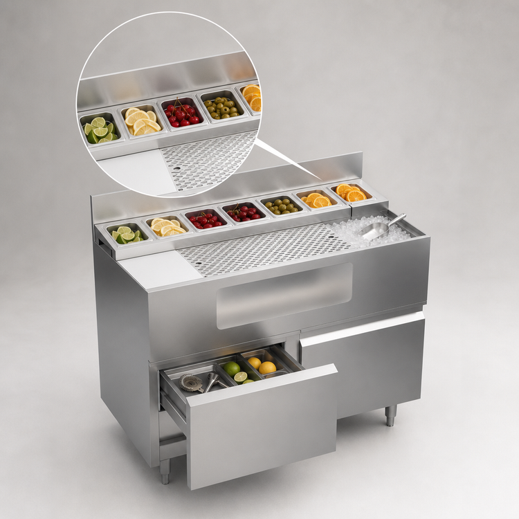 Product image #4 for Krowne Alchemy Series Thirty-Eight Lab 38 Inch Bar Ice Bin and Mise-En-Place Station with Pull-Out Drawer Base
