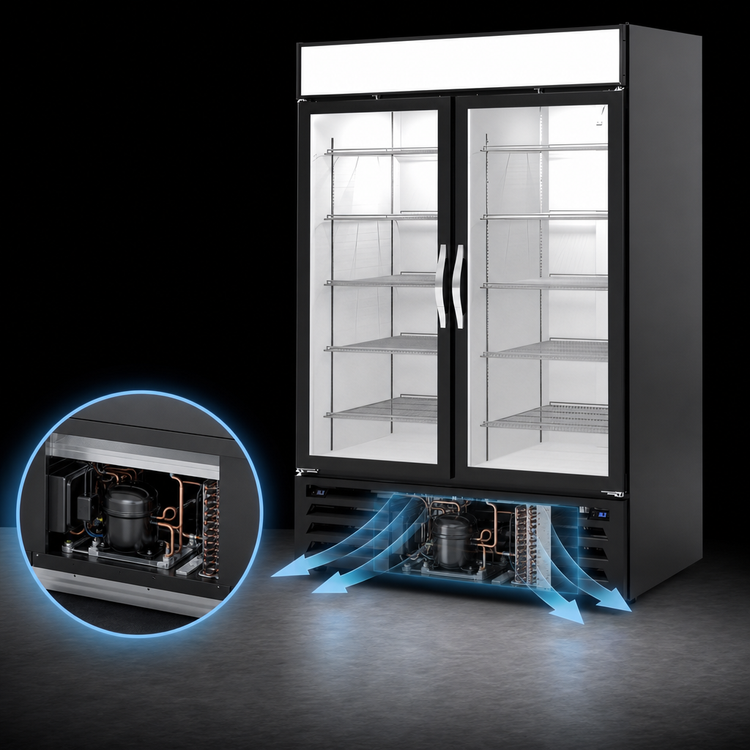Product image #4 for Beverage Air MarketMax Dual Temp Two-Section Reach-In Glass Door Merchandiser Refrigerator, 52 Inch, Bottom-Mounted Self-Contained