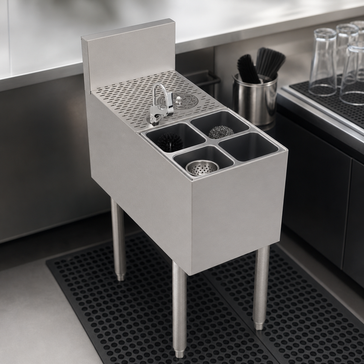 Product image #4 for Krowne Royal Series 12-Inch Wide Underbar Tool Caddy with Push-Down Glass Rinser Faucet and 4 Wet Bins