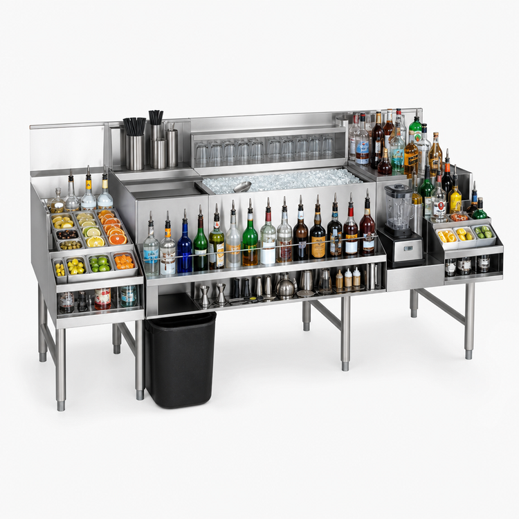 Product image #4 for Glastender 66 Inch All-In-One Underbar Ice Bin/Cocktail Station with Blender Shelf, Wet Waste Sink, Speed Rail, and Liquor Display