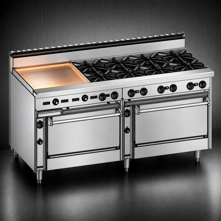 Product image #4 for Jade Bistro 72-Inch Shallow-Depth Heavy-Duty Gas Restaurant Range with 8 Open Burners, 24-Inch Left Griddle, and 2 Standard Ovens