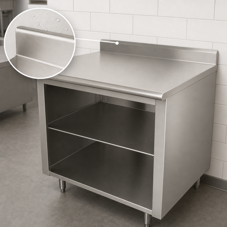 Product image #4 for Advance Tabco 60"W x 24"D 14 Gauge 304 Stainless Steel Work Table with Open Front Cabinet Base, Mid-Shelf, and 5" Backsplash