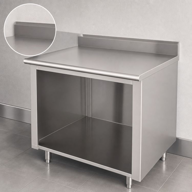 Product image #4 for Advance Tabco EK-SS-305 60" x 30" Open Front Cabinet Base Work Table with 5" Backsplash and 14 Gauge 304 Stainless Steel Top