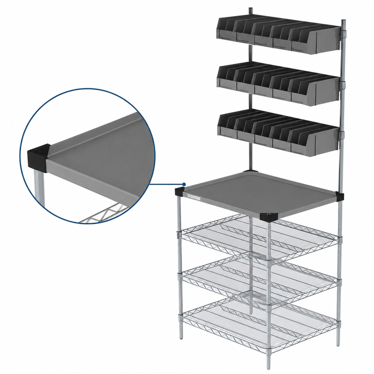 Product image #4 for Metro Chain Reaction Drive-Thru POS & Staging Work Station, 30 x 24 x 74 Inches, with 15 Overhead Bins