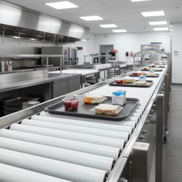 Product image #3 for Dinex DXIESRC8 Cantilever-Style 8 ft. Tray Make-Up Conveyor with PVC Rollers