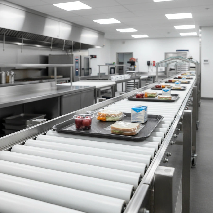 Experience smooth, consistent tray movement with the high-quality PVC rollers on this cantilever-style make-up conveyor.