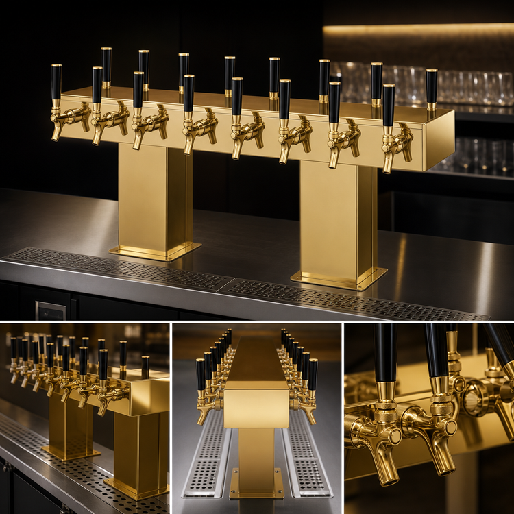 Product image #4 for Perlick 32-Faucet Back-to-Back Bridge Tee Glycol-Cooled Countertop Draft Beer Tower, Brass Finish