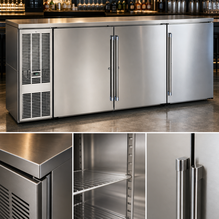 Product image #4 for Perlick Quick Ship BBS84-SS-L-STK 84" Three-Section Refrigerated Back Bar Cabinet