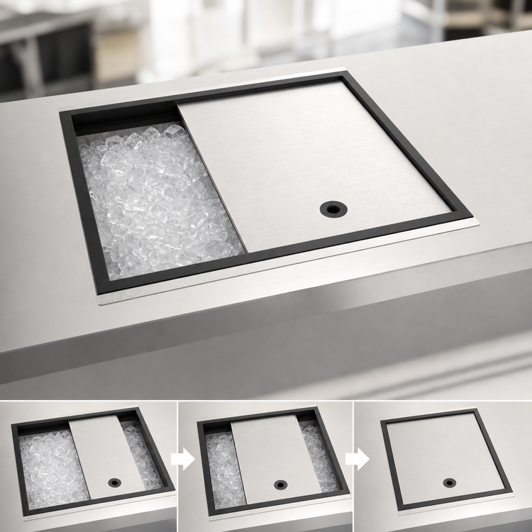 Product image #4 for MoveWell Insulated Stainless Steel Drop-In Ice Bin Modular Insert with Sliding Cover, 12" x 21" x 6"