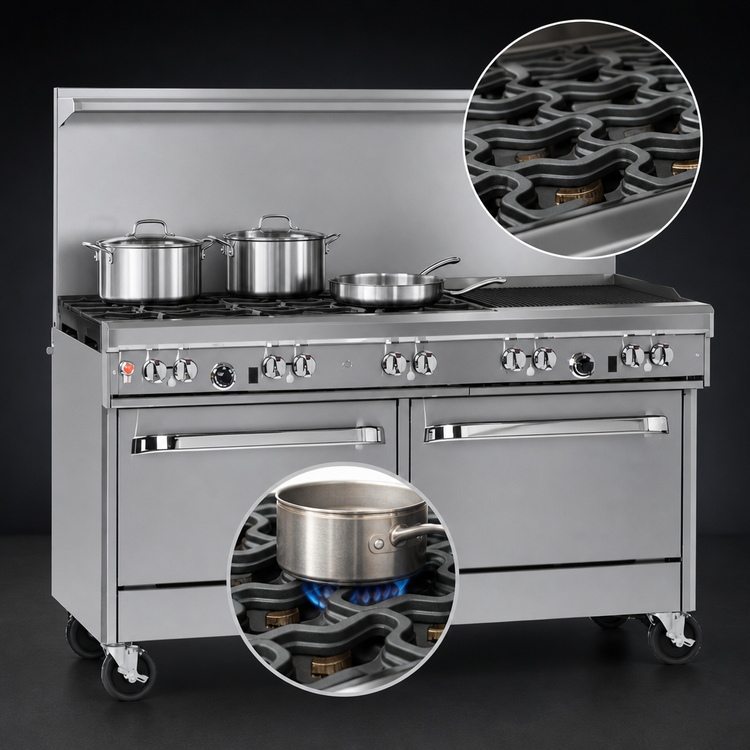 Product image #4 for Southbend Ultimate 60-Inch Gas Restaurant Range with 6 Open Burners, 24-Inch Charbroiler, Convection Oven, and Cabinet Base