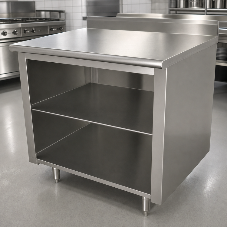 Product image #4 for Advance Tabco 108-Inch 304 Stainless Steel Work Table with Open Front Cabinet Base, Mid-Shelf, and 5-Inch Backsplash