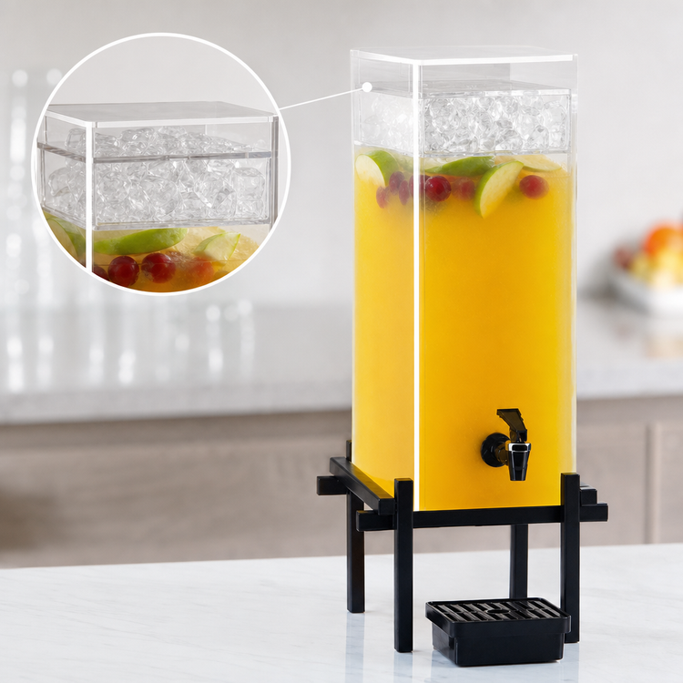 Product image #4 for One by One 5 Gallon Single Acrylic Beverage Dispenser with Ice Chamber, Drip Tray, and Black Metal Base